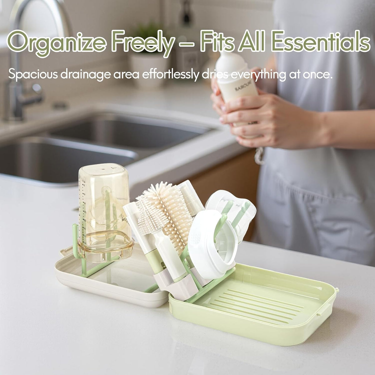 Portable Baby Bottle Cleaning Brush Travel Set with Drying Rack & Silicone Brush - Compact Travel Bottle Brush for Infant Care, Pomelo Orange