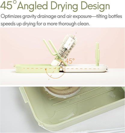 Portable Baby Bottle Cleaning Brush Travel Set with Drying Rack & Silicone Brush - Compact Travel Bottle Brush for Infant Care, Pomelo Orange