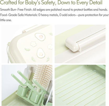 Portable Baby Bottle Cleaning Brush Travel Set with Drying Rack & Silicone Brush - Compact Travel Bottle Brush for Infant Care, Pomelo Orange