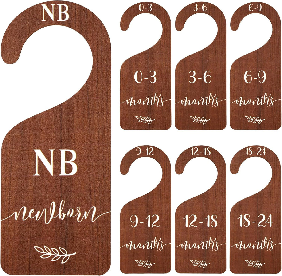 7Pcs Green Wooden Baby Closet Size Dividers with Green Velvet Bag Newborn to 24 Month Thicken Infant Wardrobe Hanger Organizers for Home Nursery Supplies