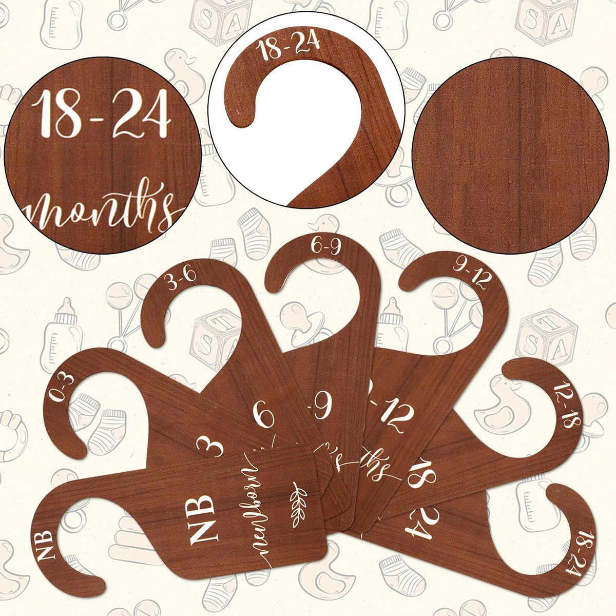 7Pcs Green Wooden Baby Closet Size Dividers with Green Velvet Bag Newborn to 24 Month Thicken Infant Wardrobe Hanger Organizers for Home Nursery Supplies