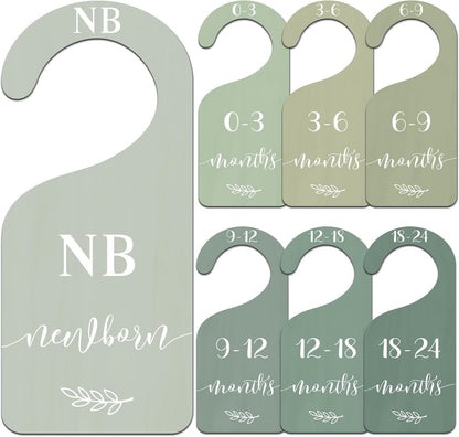 7Pcs Green Wooden Baby Closet Size Dividers with Green Velvet Bag Newborn to 24 Month Thicken Infant Wardrobe Hanger Organizers for Home Nursery Supplies