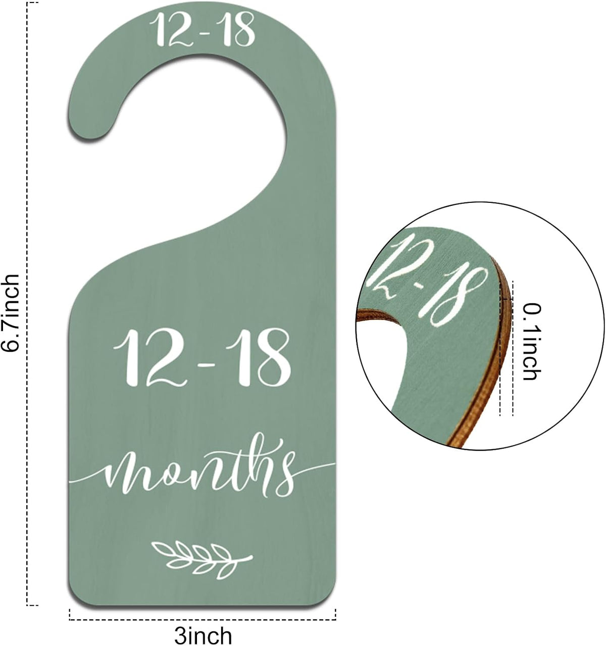 7Pcs Green Wooden Baby Closet Size Dividers with Green Velvet Bag Newborn to 24 Month Thicken Infant Wardrobe Hanger Organizers for Home Nursery Supplies