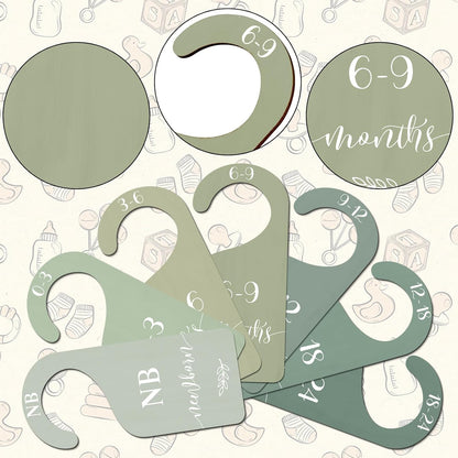 7Pcs Green Wooden Baby Closet Size Dividers with Green Velvet Bag Newborn to 24 Month Thicken Infant Wardrobe Hanger Organizers for Home Nursery Supplies