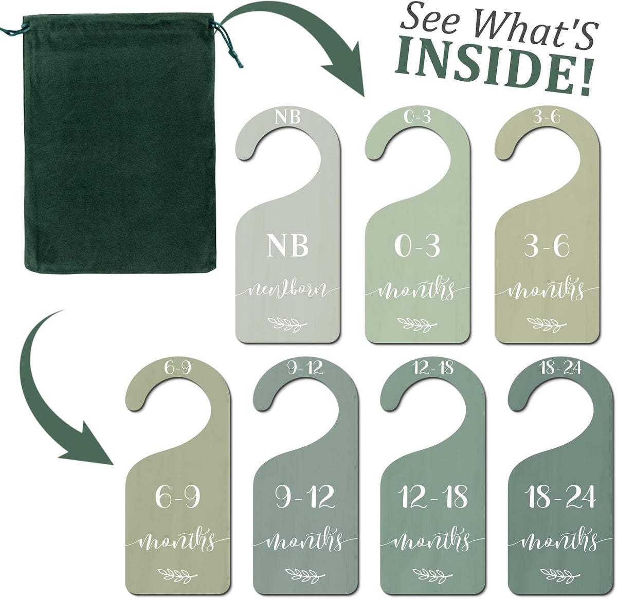 7Pcs Green Wooden Baby Closet Size Dividers with Green Velvet Bag Newborn to 24 Month Thicken Infant Wardrobe Hanger Organizers for Home Nursery Supplies