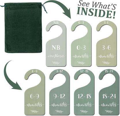 7Pcs Green Wooden Baby Closet Size Dividers with Green Velvet Bag Newborn to 24 Month Thicken Infant Wardrobe Hanger Organizers for Home Nursery Supplies