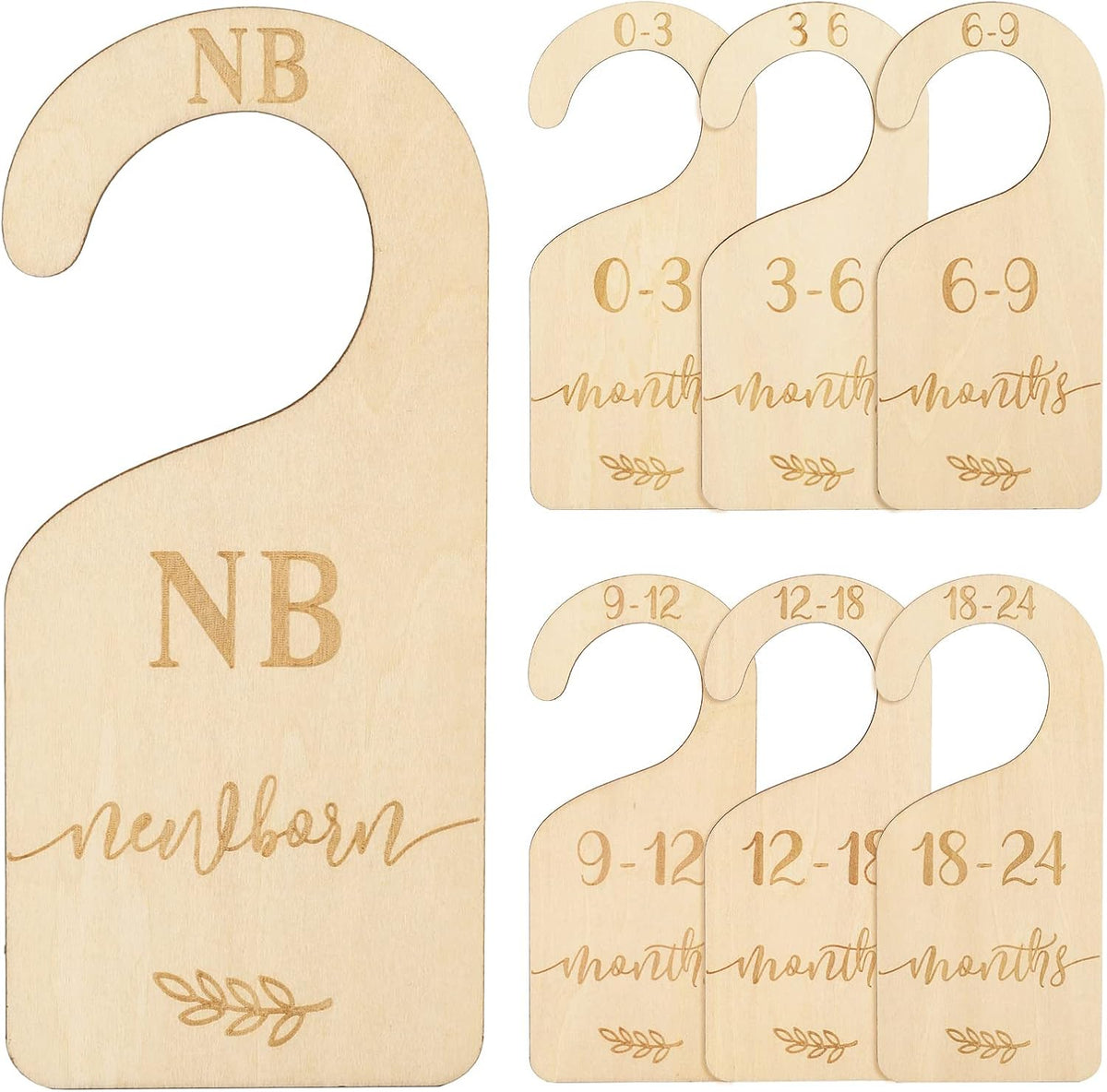 7Pcs Green Wooden Baby Closet Size Dividers with Green Velvet Bag Newborn to 24 Month Thicken Infant Wardrobe Hanger Organizers for Home Nursery Supplies