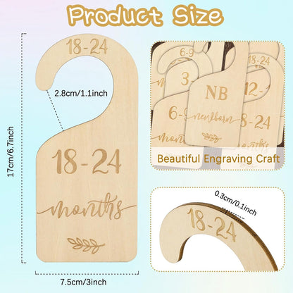 7Pcs Green Wooden Baby Closet Size Dividers with Green Velvet Bag Newborn to 24 Month Thicken Infant Wardrobe Hanger Organizers for Home Nursery Supplies