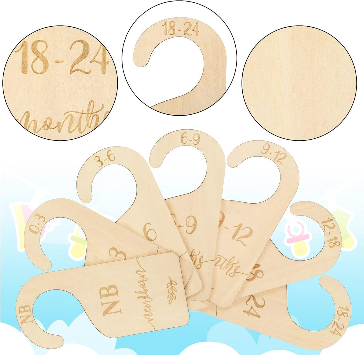 7Pcs Green Wooden Baby Closet Size Dividers with Green Velvet Bag Newborn to 24 Month Thicken Infant Wardrobe Hanger Organizers for Home Nursery Supplies
