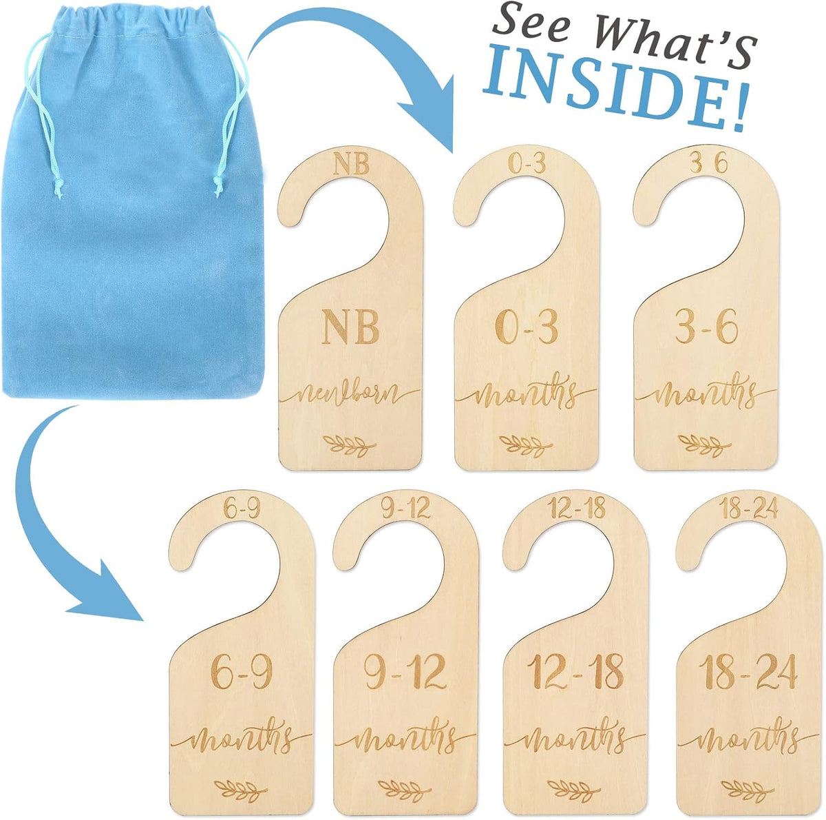 7Pcs Green Wooden Baby Closet Size Dividers with Green Velvet Bag Newborn to 24 Month Thicken Infant Wardrobe Hanger Organizers for Home Nursery Supplies