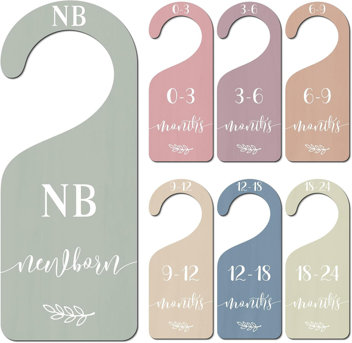 7Pcs Green Wooden Baby Closet Size Dividers with Green Velvet Bag Newborn to 24 Month Thicken Infant Wardrobe Hanger Organizers for Home Nursery Supplies