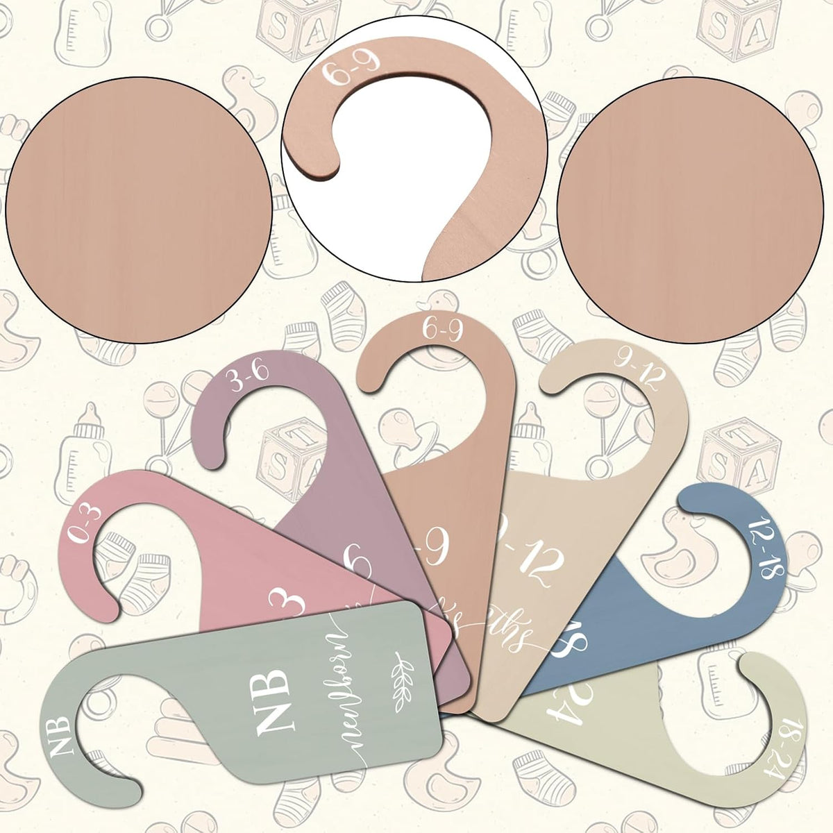 7Pcs Green Wooden Baby Closet Size Dividers with Green Velvet Bag Newborn to 24 Month Thicken Infant Wardrobe Hanger Organizers for Home Nursery Supplies