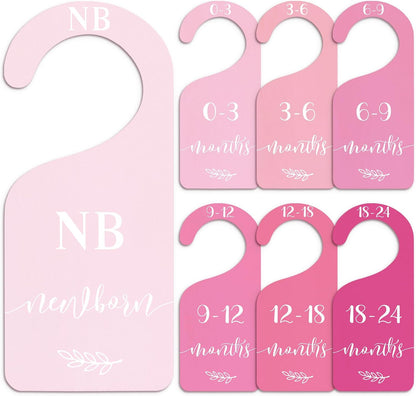 7Pcs Green Wooden Baby Closet Size Dividers with Green Velvet Bag Newborn to 24 Month Thicken Infant Wardrobe Hanger Organizers for Home Nursery Supplies