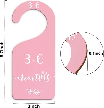 7Pcs Green Wooden Baby Closet Size Dividers with Green Velvet Bag Newborn to 24 Month Thicken Infant Wardrobe Hanger Organizers for Home Nursery Supplies