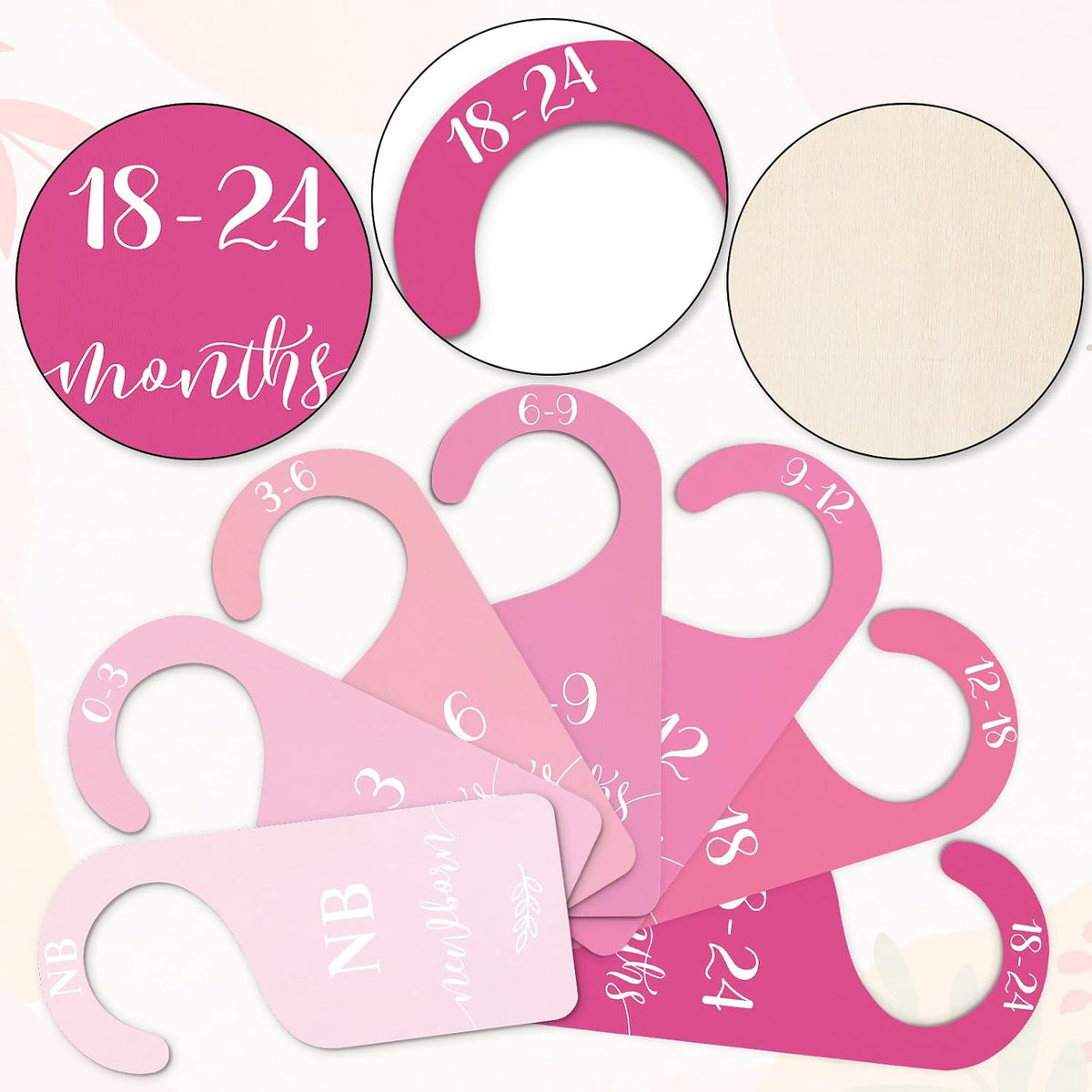 7Pcs Green Wooden Baby Closet Size Dividers with Green Velvet Bag Newborn to 24 Month Thicken Infant Wardrobe Hanger Organizers for Home Nursery Supplies