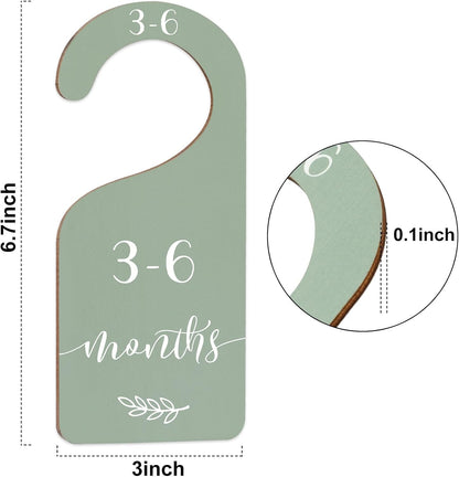 7Pcs Green Wooden Baby Closet Size Dividers with Green Velvet Bag Newborn to 24 Month Thicken Infant Wardrobe Hanger Organizers for Home Nursery Supplies