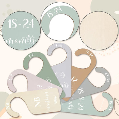 7Pcs Green Wooden Baby Closet Size Dividers with Green Velvet Bag Newborn to 24 Month Thicken Infant Wardrobe Hanger Organizers for Home Nursery Supplies
