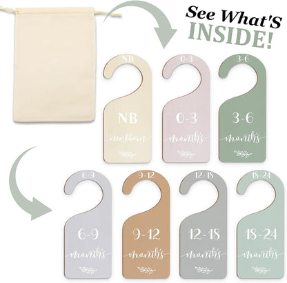 7Pcs Green Wooden Baby Closet Size Dividers with Green Velvet Bag Newborn to 24 Month Thicken Infant Wardrobe Hanger Organizers for Home Nursery Supplies