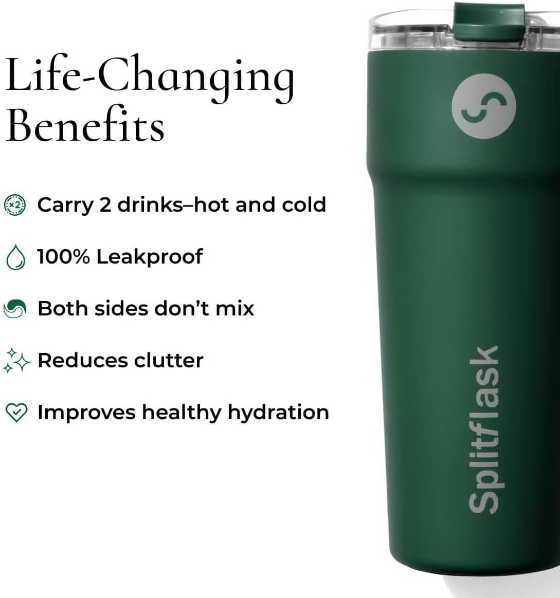 Splitflask Dual‑Chamber 30‑oz Travel Mug – Vacuum Insulated Stainless‑Steel Hot & Cold Tumbler, Leak‑Proof Lid, Cup‑Holder Friendly, BPA‑Free.