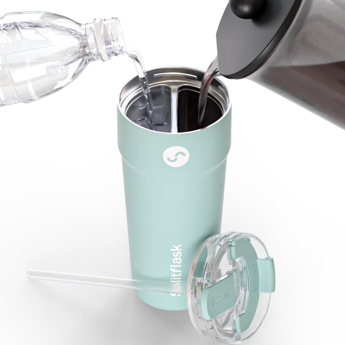 Splitflask Dual‑Chamber 30‑oz Travel Mug – Vacuum Insulated Stainless‑Steel Hot & Cold Tumbler, Leak‑Proof Lid, Cup‑Holder Friendly, BPA‑Free.