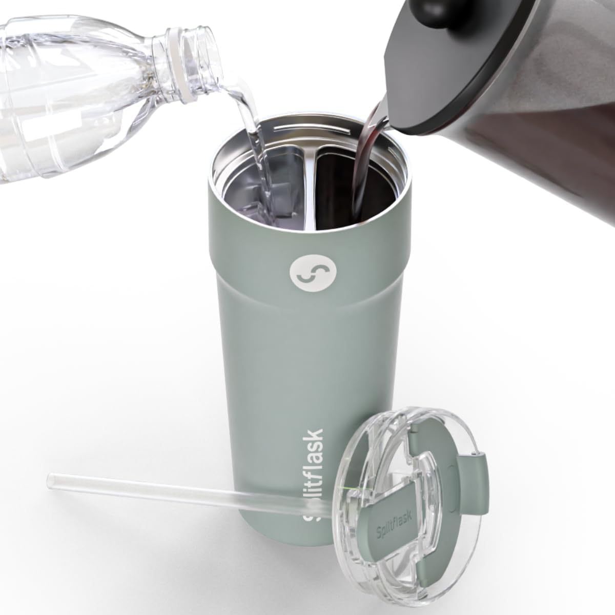 Splitflask Dual‑Chamber 30‑oz Travel Mug – Vacuum Insulated Stainless‑Steel Hot & Cold Tumbler, Leak‑Proof Lid, Cup‑Holder Friendly, BPA‑Free.