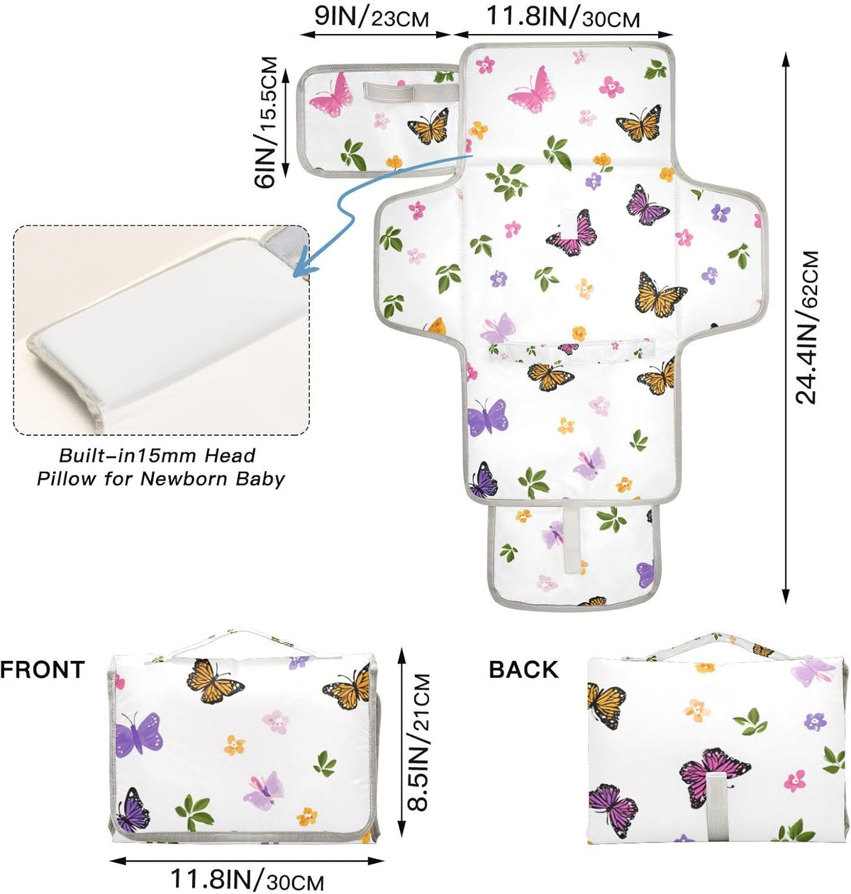 Portable Diaper Changing Pad Waterproof Foldable Travel Changing Mat with Built-in Pillow for Newborn Girls Boys Toddlers Moms Dads Parents Cherry Blossom - Colors A