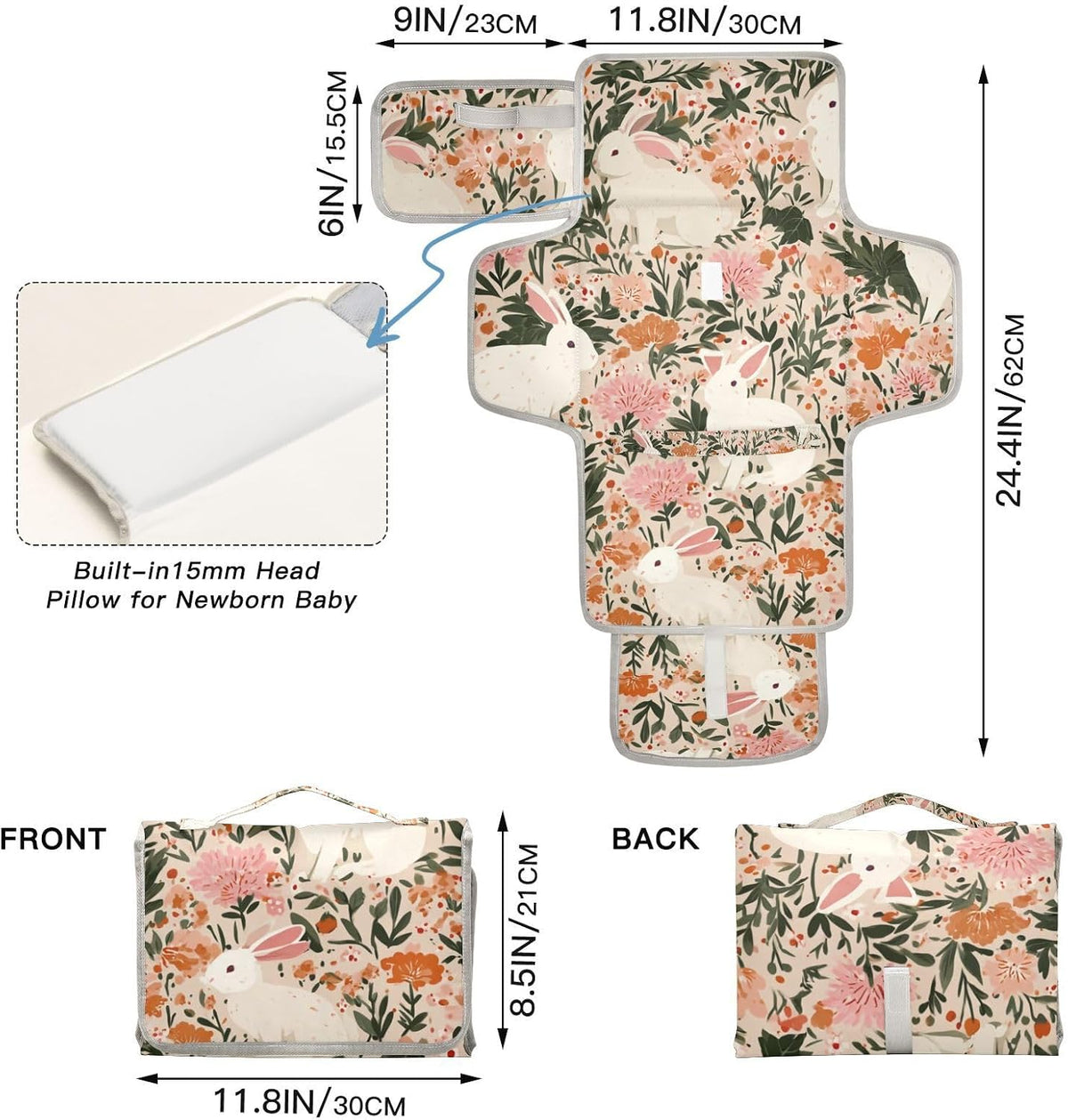 Portable Diaper Changing Pad Waterproof Foldable Travel Changing Mat with Built-in Pillow for Newborn Girls Boys Toddlers Moms Dads Parents Cherry Blossom - Colors A