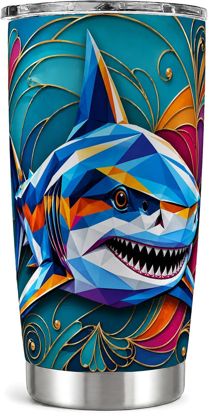 Geometric Shark Tumbler, Ocean Animal Art Tumbler 20 oz, Stainless Steel | Dynamic shark art for coffee, tea or iced drinks, adding bold ocean mood to home, office or travel