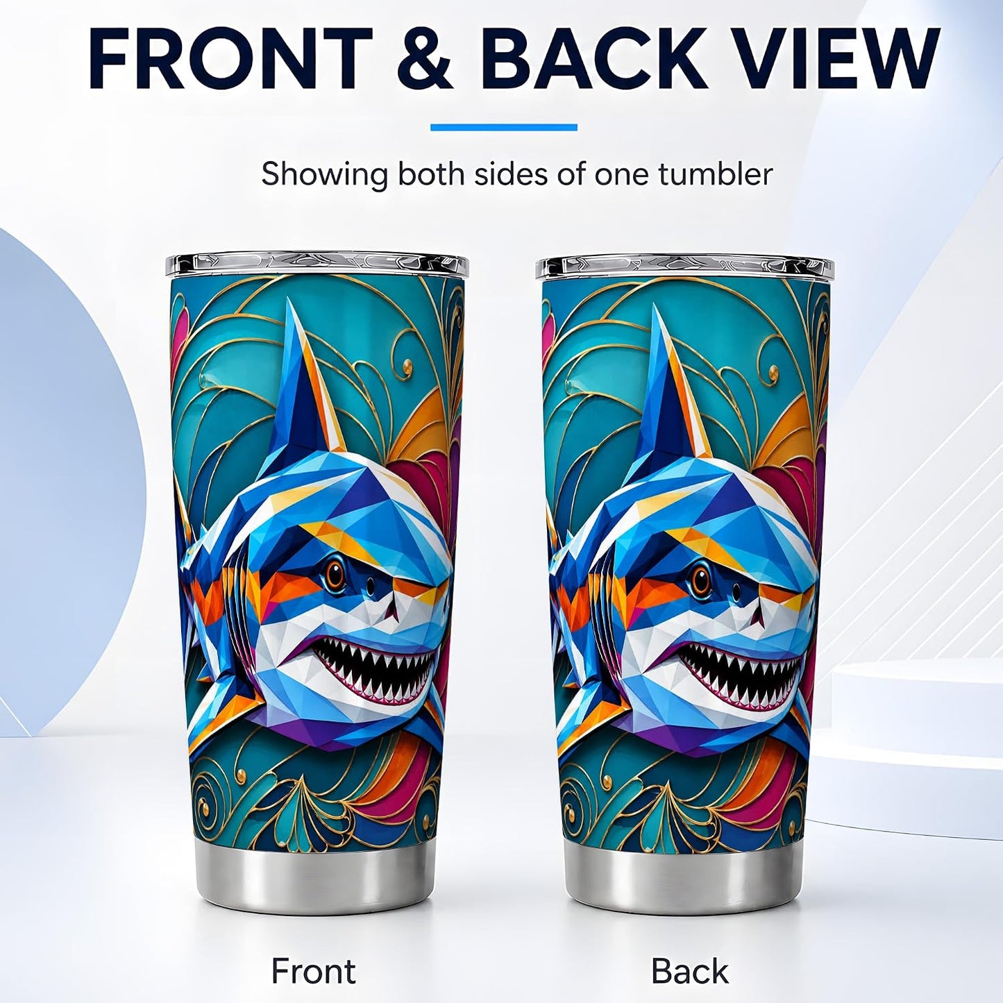 Geometric Shark Tumbler, Ocean Animal Art Tumbler 20 oz, Stainless Steel | Dynamic shark art for coffee, tea or iced drinks, adding bold ocean mood to home, office or travel