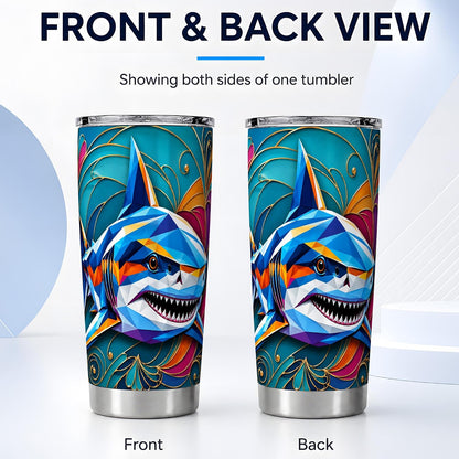 Geometric Shark Tumbler, Ocean Animal Art Tumbler 20 oz, Stainless Steel | Dynamic shark art for coffee, tea or iced drinks, adding bold ocean mood to home, office or travel