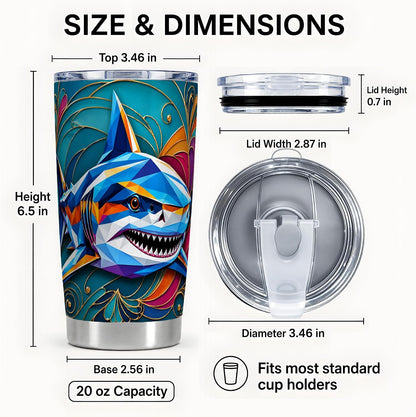 Geometric Shark Tumbler, Ocean Animal Art Tumbler 20 oz, Stainless Steel | Dynamic shark art for coffee, tea or iced drinks, adding bold ocean mood to home, office or travel