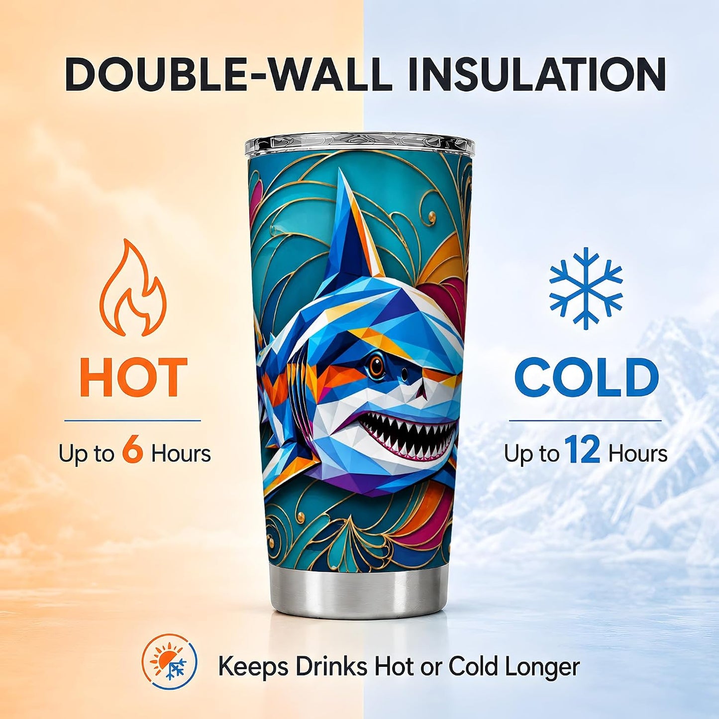 Geometric Shark Tumbler, Ocean Animal Art Tumbler 20 oz, Stainless Steel | Dynamic shark art for coffee, tea or iced drinks, adding bold ocean mood to home, office or travel