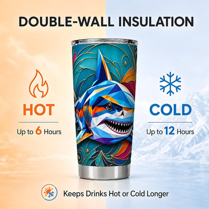 Geometric Shark Tumbler, Ocean Animal Art Tumbler 20 oz, Stainless Steel | Dynamic shark art for coffee, tea or iced drinks, adding bold ocean mood to home, office or travel