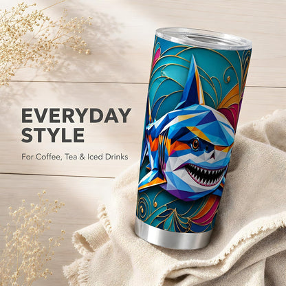 Geometric Shark Tumbler, Ocean Animal Art Tumbler 20 oz, Stainless Steel | Dynamic shark art for coffee, tea or iced drinks, adding bold ocean mood to home, office or travel