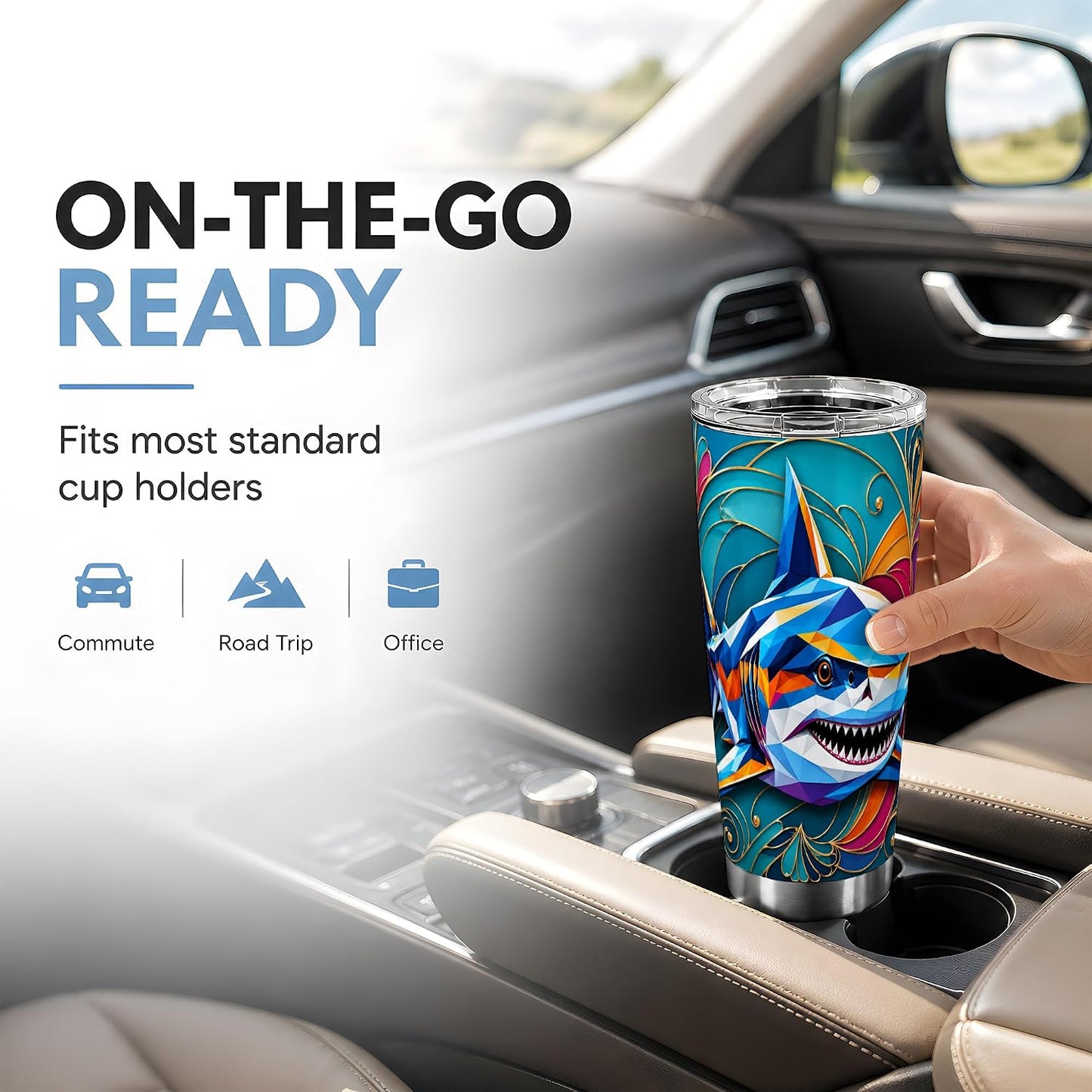Geometric Shark Tumbler, Ocean Animal Art Tumbler 20 oz, Stainless Steel | Dynamic shark art for coffee, tea or iced drinks, adding bold ocean mood to home, office or travel