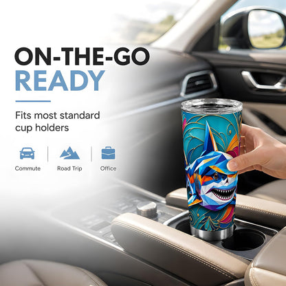 Geometric Shark Tumbler, Ocean Animal Art Tumbler 20 oz, Stainless Steel | Dynamic shark art for coffee, tea or iced drinks, adding bold ocean mood to home, office or travel