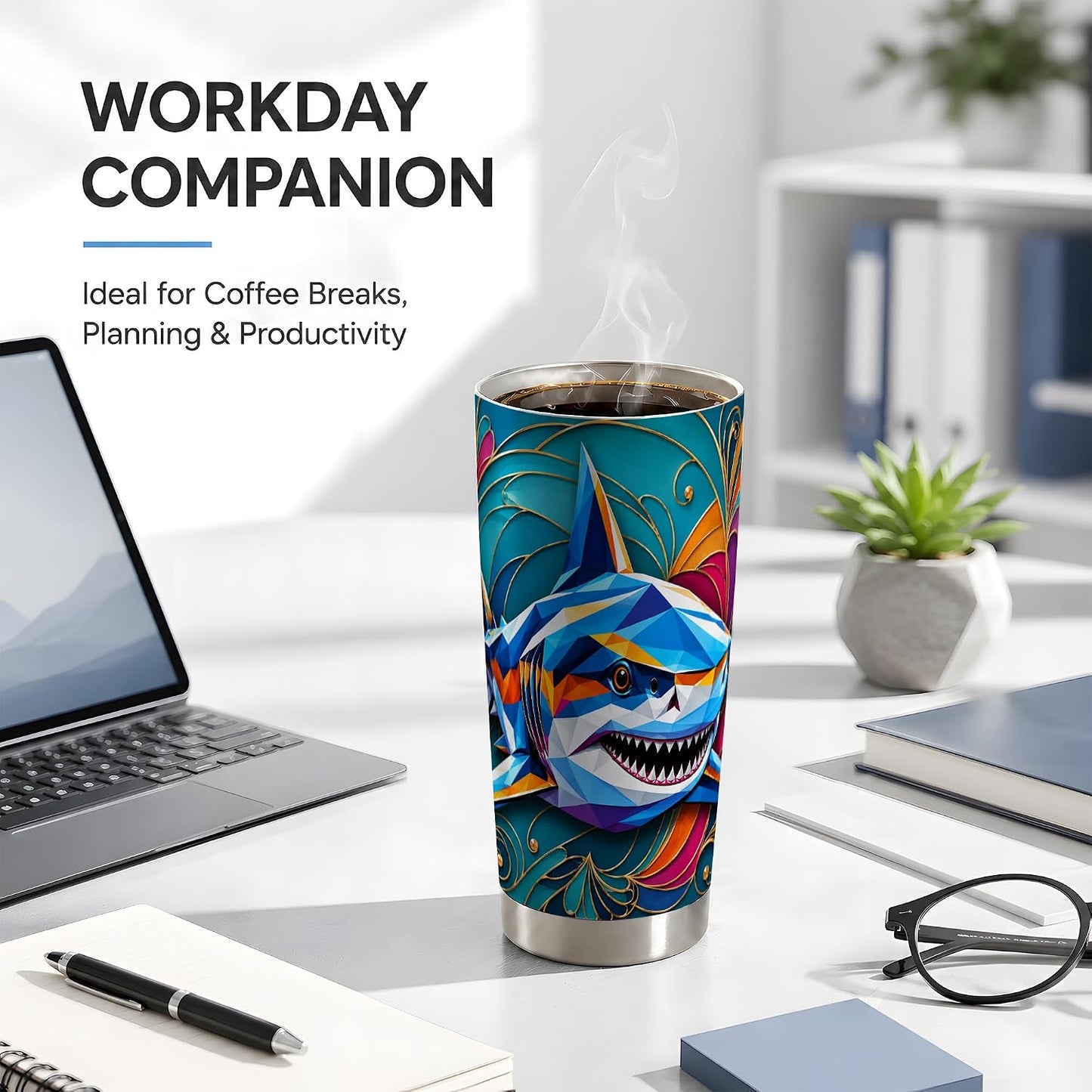 Geometric Shark Tumbler, Ocean Animal Art Tumbler 20 oz, Stainless Steel | Dynamic shark art for coffee, tea or iced drinks, adding bold ocean mood to home, office or travel