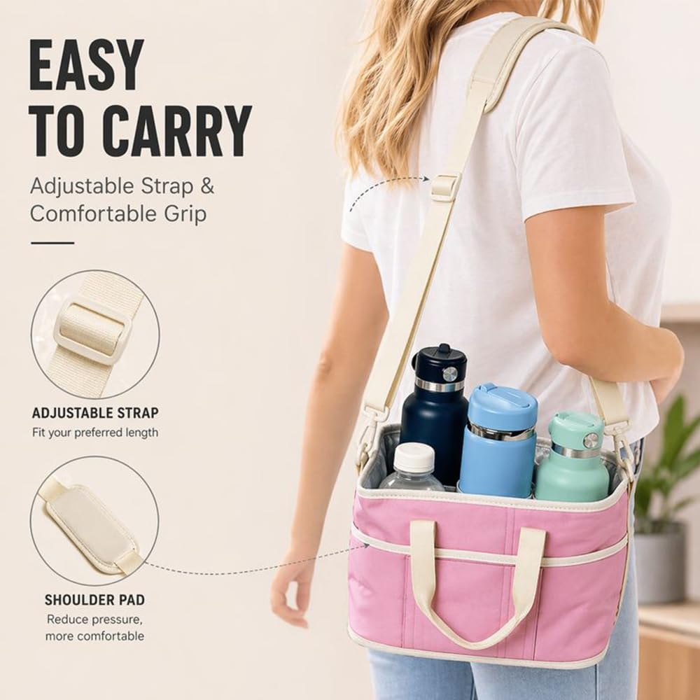 Family Size 4 Compartment Drink Carrier Bag Insulated Multiple Tumbler Holder Caddy with Adjustable Strap and Handle for Travel Sports Family Outings (Light Pink)