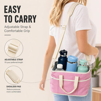 Family Size 4 Compartment Drink Carrier Bag Insulated Multiple Tumbler Holder Caddy with Adjustable Strap and Handle for Travel Sports Family Outings (Light Pink)