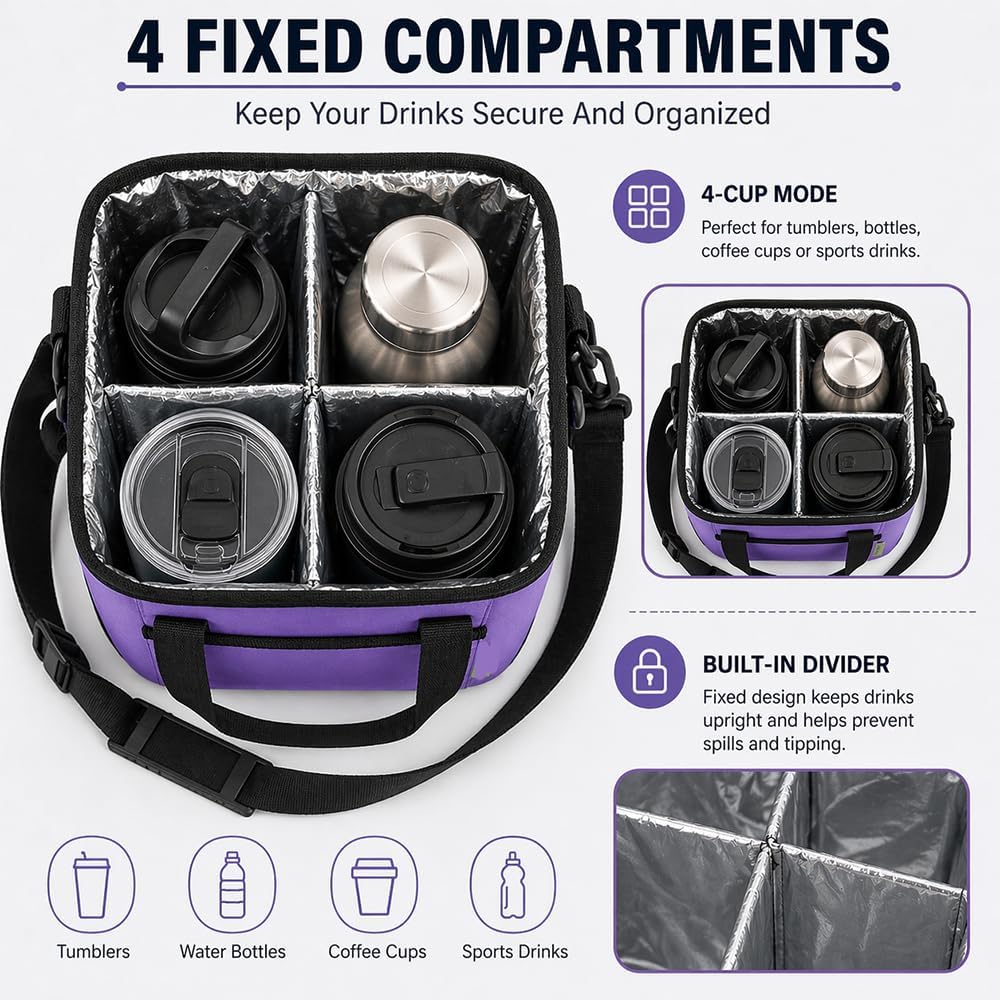 Family Size 4 Compartment Drink Carrier Bag Insulated Multiple Tumbler Holder Caddy with Adjustable Strap and Handle for Travel Sports Family Outings (Light Pink)