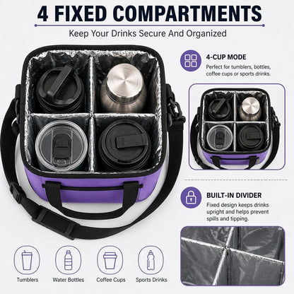 Family Size 4 Compartment Drink Carrier Bag Insulated Multiple Tumbler Holder Caddy with Adjustable Strap and Handle for Travel Sports Family Outings (Light Pink)