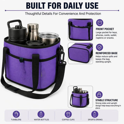 Family Size 4 Compartment Drink Carrier Bag Insulated Multiple Tumbler Holder Caddy with Adjustable Strap and Handle for Travel Sports Family Outings (Light Pink)