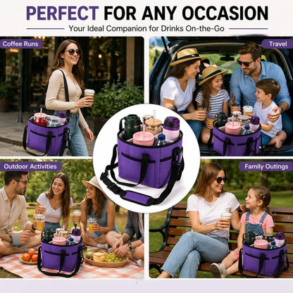 Family Size 4 Compartment Drink Carrier Bag Insulated Multiple Tumbler Holder Caddy with Adjustable Strap and Handle for Travel Sports Family Outings (Light Pink)