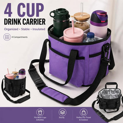 Family Size 4 Compartment Drink Carrier Bag Insulated Multiple Tumbler Holder Caddy with Adjustable Strap and Handle for Travel Sports Family Outings (Light Pink)