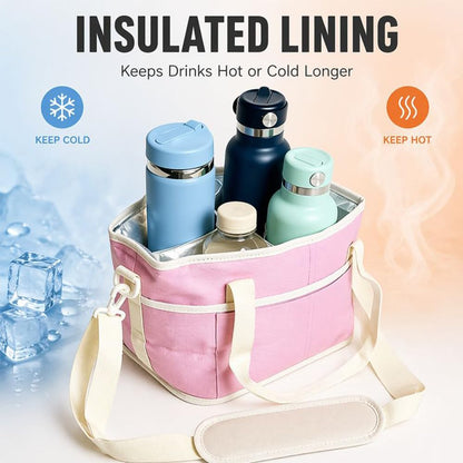 Family Size 4 Compartment Drink Carrier Bag Insulated Multiple Tumbler Holder Caddy with Adjustable Strap and Handle for Travel Sports Family Outings (Light Pink)