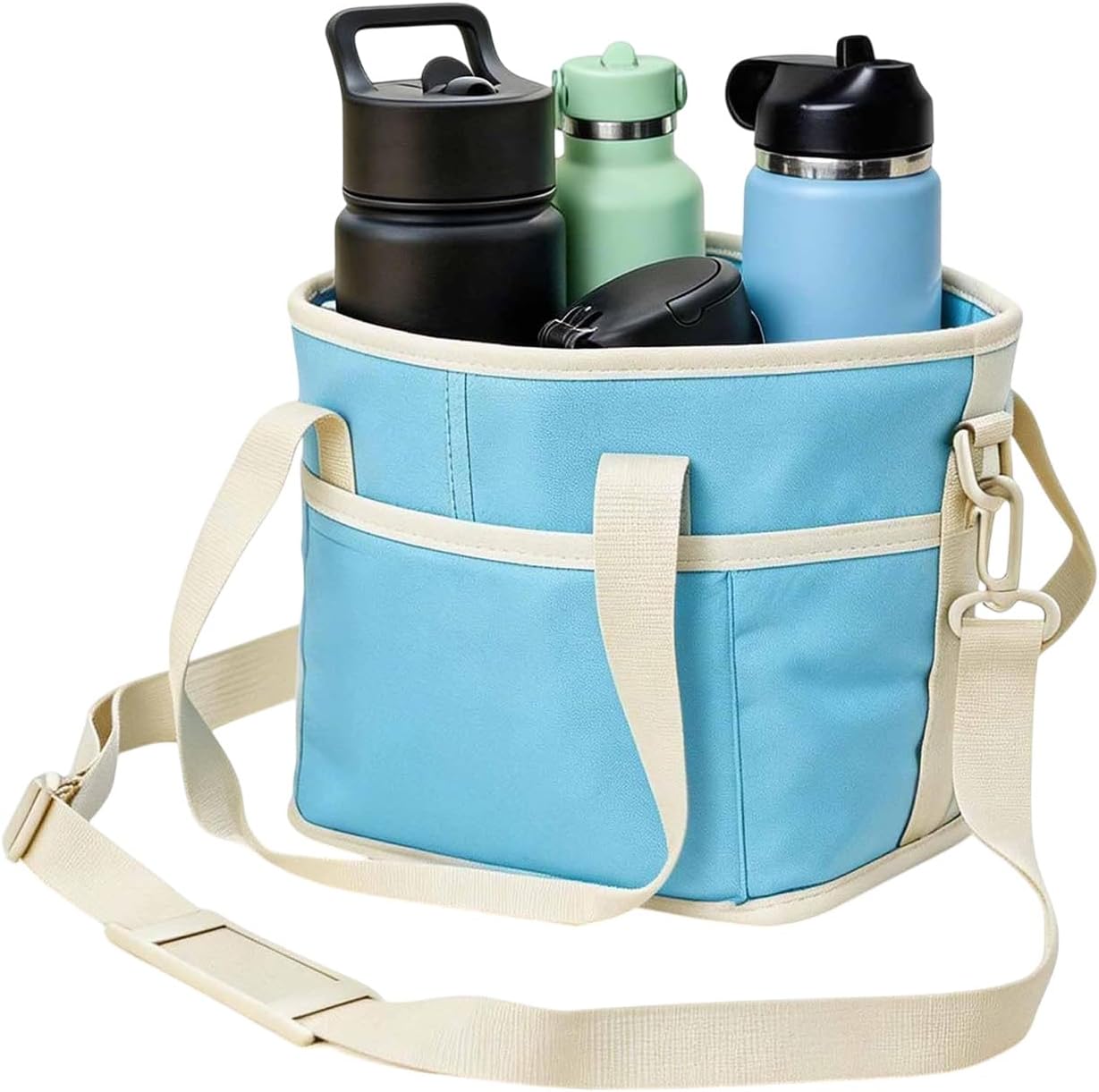 Family Size 4 Compartment Drink Carrier Bag Insulated Multiple Tumbler Holder Caddy with Adjustable Strap and Handle for Travel Sports Family Outings (Light Pink)