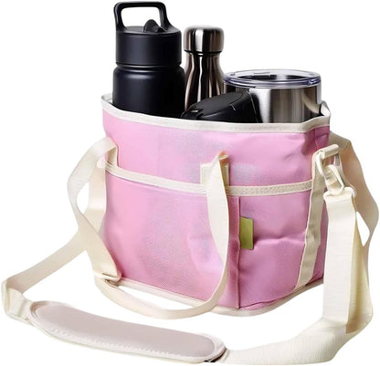 Family Size 4 Compartment Drink Carrier Bag Insulated Multiple Tumbler Holder Caddy with Adjustable Strap and Handle for Travel Sports Family Outings (Light Pink)