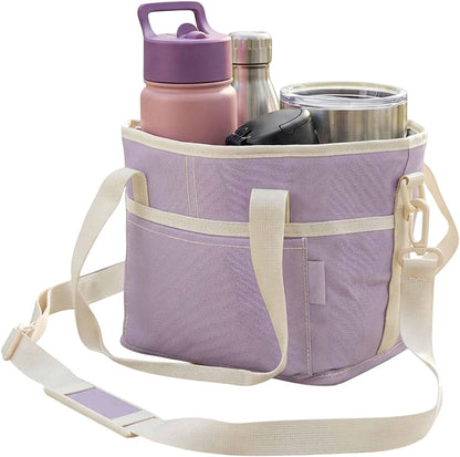 Family Size 4 Compartment Drink Carrier Bag Insulated Multiple Tumbler Holder Caddy with Adjustable Strap and Handle for Travel Sports Family Outings (Light Pink)