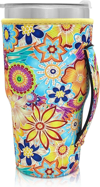 Cup Holder with Handle, 20oz-24oz Tumbler Cups, Tropical | Neoprene, Insulator Bottle Sleeve, Reusable Iced Coffee Sleeve For 30oz - 32oz Large Coffee Cups - Colors A