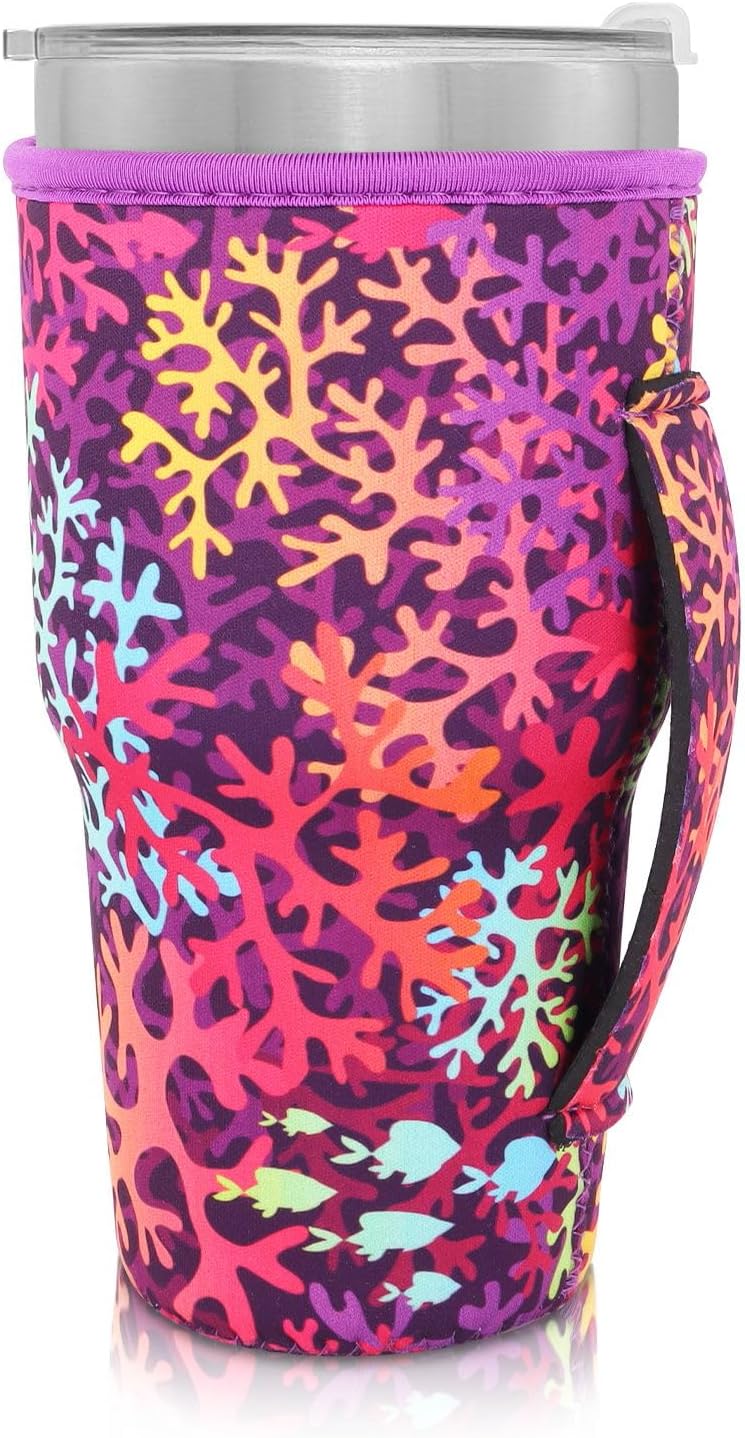 Cup Holder with Handle, 20oz-24oz Tumbler Cups, Tropical | Neoprene, Insulator Bottle Sleeve, Reusable Iced Coffee Sleeve For 30oz - 32oz Large Coffee Cups - Colors A
